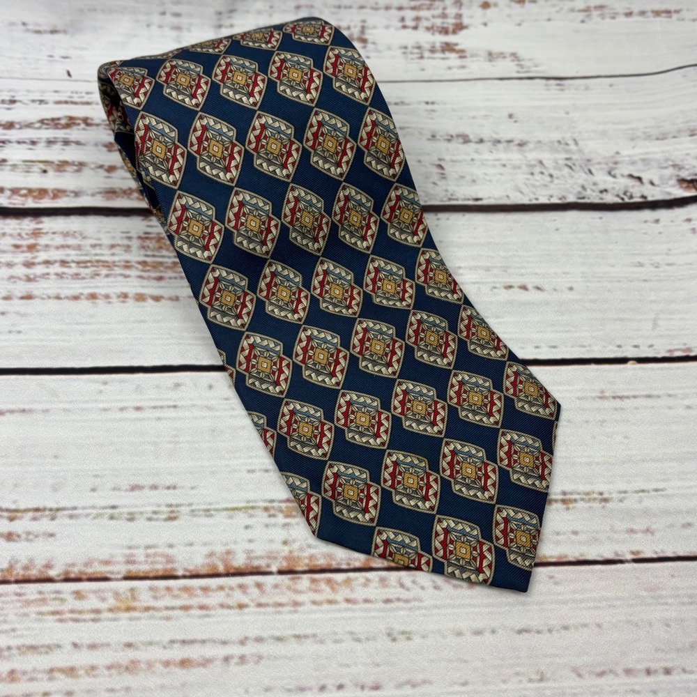Burberrys Of London Silk Necktie Navy Blue Geometric Hand Sewn Made in USA